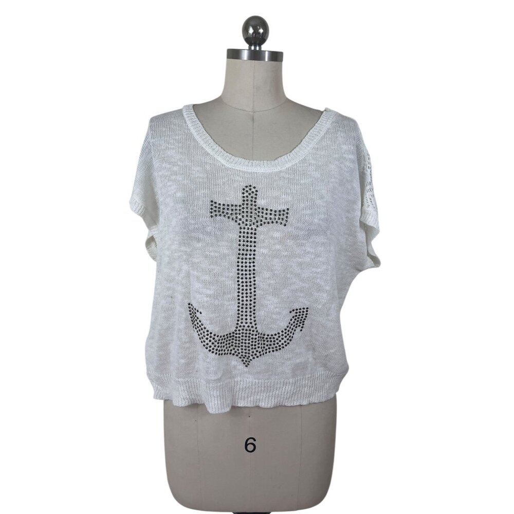 Ingni Knit Crochet Sweater Top Womens M-L White Embellished Sailor Chic Anchor